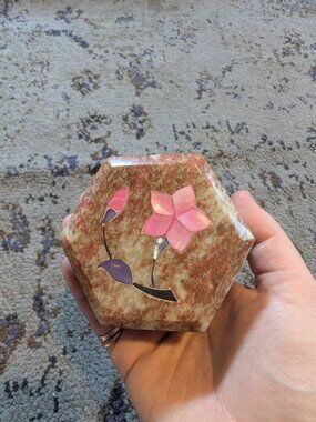 Vintage Pierced Carved Soap Stone Inlaid Floral Lidded Trinket Jewelry Box Dish